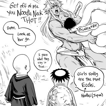 Rule 34 | 2boys, 2girls, absurdres, bb (baalbuddy), english text, female pervert, greyscale, highres, horns, japanese mythology, kappa, looking at viewer, monochrome, multiple boys, multiple girls, oni, pervert, rokurokubi, sash, speech bubble