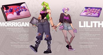 Rule 34 | 2girls, absurdres, alternate costume, arcade stick, bag, baggy pants, belt, belt buckle, black choker, black leotard, black shirt, book, boots, bracelet, breasts, buckle, casual, character name, character profile, choker, combat boots, controller, crop top, darkstalkers, denim, denim shorts, english text, fashion, fingernails, fishnet pantyhose, fishnets, game console, game controller, green eyes, green hair, green lips, green nails, handbag, height difference, highres, holding, holding hands, jeans, jewelry, joystick, large breasts, leotard, leverless arcade stick, lilith (darkstalkers), lipstick, long fingernails, long hair, makeup, morrigan aensland, multicolored hair, multiple girls, muscular, muscular female, nail polish, necklace, pants, pantyhose, pink hair, purple hair, renatoramos ink, scar, sharp fingernails, shirt, shoes, short hair, shorts, smile, sneakers, tall female, teeth, torn clothes, torn jeans, torn pants