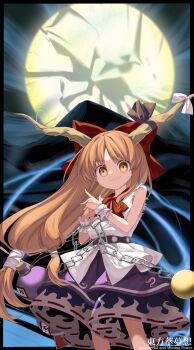 1girl blue_ribbon blue_skirt bow chain closed_mouth fingernails gourd hair_bow highres horn_ornament horn_ribbon horns ibuki_suika immaterial_and_missing_power keiki8296 long_hair oni_horns orange_eyes orange_hair red_bow ribbon shirt skirt smile solo torn_clothes torn_sleeves touhou white_shirt wrist_cuffs