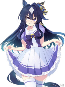 Rule 34 | 1girl, amutaro, animal ears, blue eyes, blue hair, blush, bow, breasts, collarbone, commentary request, ear covers, hair between eyes, horse ears, horse girl, horse tail, long hair, looking at viewer, mole, mole under eye, multicolored hair, parted lips, pleated skirt, puffy short sleeves, puffy sleeves, purple bow, purple shirt, sailor collar, sailor shirt, school uniform, shirt, short sleeves, simple background, single ear cover, skirt, skirt hold, smile, solo, tail, thighhighs, tracen school uniform, umamusume, verxina (umamusume), white background, white sailor collar, white skirt, white thighhighs