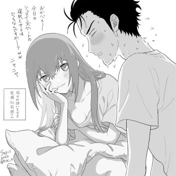 1boy 1girl beard_stubble blush breasts cleavage closed_eyes commentary_request couple facial_hair greyscale hetero highres long_hair looking_at_another loungewear makise_kurisu monochrome okabe_rintarou open_mouth rocni science_adventure shirt short_hair shorts small_breasts smug steins;gate stubble sweatdrop t-shirt teasing thighs translation_request wavy_mouth