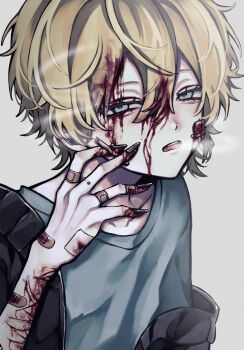 1boy absurdres aqua_eyes aqua_shirt bags_under_eyes bandaid bandaid_on_arm bandaid_on_finger bandaid_on_hand black_jacket black_nails bleeding blonde_hair blood blood_in_hair blood_on_arm blood_on_cheek blood_on_face blood_on_hands bloody_tears breath cigarette collarbone crew_neck cuts fang fingernails gauze gauze_on_cheek hair_between_eyes highres holding holding_cigarette injury jacket long_fingernails looking_at_viewer male_focus narrowed_eyes off_shoulder open_clothes open_jacket open_mouth original self-harm self-harm_scar shirt short_hair sidelocks simple_background smoke solo too_many_bandaids upper_body white_background wrist_cutting yyy9675
