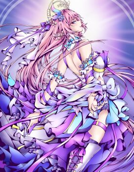 1girl bare_shoulders commentary cyrene_(honkai:_star_rail) cyrene_(ripples_of_past_reverie)_(honkai:_star_rail) dress from_behind halo highres honkai:_star_rail honkai_(series) long_hair panosarts pink_hair pointy_ears purple_eyes solo very_long_hair white_dress