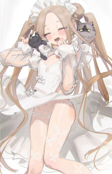 1girl abigail_williams_(fate) absurdres alternate_costume arm_up ass black_cat blonde_hair blush bow cat closed_eyes cowboy_shot double_bun dress eyebrows_hidden_by_hair fate/grand_order fate_(series) flat_chest forehead frilled_hairband frilled_shirt_collar frills grey_cat hair_bun hairband hand_on_own_face happy highres loli long_hair long_sleeves luthar_(fate) multiple_cats nemo_(leafnight) nosh_(fate) on_shoulder open_mouth panties revision see-through_clothes see-through_dress see-through_legwear simple_background sleeves_past_wrists smile solo thighs twintails underwear very_long_hair white_background white_bow white_dress white_panties