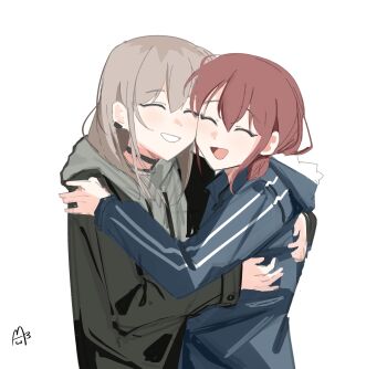 2girls absurdres black_choker black_jacket blue_jacket brown_hair cheek-to-cheek chinese_commentary choker closed_mouth commentary_request earclip girls_band_cry grey_hair haidao_mao heads_together highres hood hood_down hug iseri_nina jacket kawaragi_momoka long_hair long_sleeves low_twintails multicolored_hair multiple_girls open_mouth roots_(hair) short_hair short_twintails simple_background twintails white_background yuri