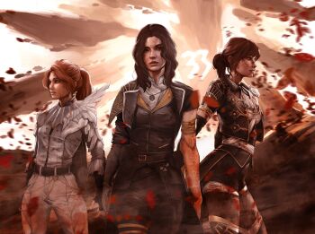 3girls black_hair black_jacket black_pants brown_hair clair_obscur:_expedition_33 highres illyne_cosplay jacket long_hair lune_(clair_obscur:_expedition_33) maelle_(clair_obscur:_expedition_33) multiple_girls pants ponytail red_petals sciel_(clair_obscur:_expedition_33) signature white_jacket white_pants
