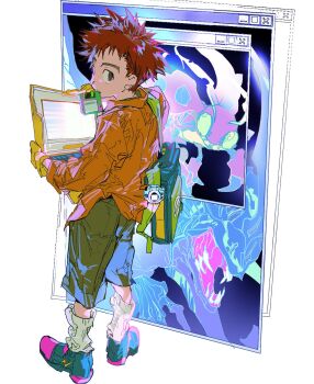 Rule 34 | 1boy, black shoes, computer, digimon, digimon (creature), digimon adventure, digivice, floppy disk, full body, gek3y, gloves, green pants, grey eyes, highres, holding, holding laptop, izumi koshiro, kabuterimon, laptop, lightning bolt symbol, long sleeves, looking at viewer, male focus, mouth hold, multicolored shoes, orange shirt, pants, purple shoes, red hair, shirt, shoes, short hair, sketch, sneakers, socks, solo, spiked hair, standing, tentomon, white background, white socks, window (computing), yellow gloves