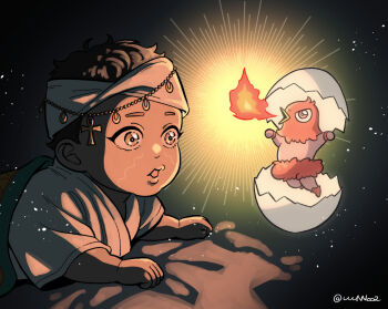 1boy aged_down blanket child commentary_request dark-skinned_male dark_skin facial_mark fire headband hokkyoku_(uuunnoo2) jojo_no_kimyou_na_bouken magician&#039;s_red male_focus mohammed_avdol stand_(jojo) stardust_crusaders twitter_username white_headband