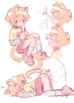 2boys anal animal_ears bad_baraag_id bad_id bandaid blonde_hair blouse blue_eyes blue_socks breeding bubble_tea cat_boy cat_ears cat_tail collar crossdressing crossdressing_(mtf) crying crying_with_eyes_open deepthroat doggystyle fang fellatio food_print hand_on_another&#039;s_head irrumatio long_sleeves luan male_focus male_penetrated multiple_boys multiple_views open_mouth oral otokonochinchin panties panty_pull print_footwear rape sex sex_from_behind shirt shota skirt socks striped_clothes striped_shirt tail tears throat_bulge underwear yaoi yellow_shirt