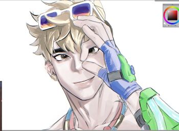 1boy armband asymmetrical_hair bare_shoulders blonde_hair brown_eyes close-up collarbone commentary_request earrings eyewear_on_head fingerless_gloves gloves hand_up highres jewelry kadoki142 looking_at_viewer male_focus multiple_necklaces muscular muscular_male necklace official_alternate_costume official_alternate_hairstyle overwatch parted_lips portrait sidecut sketch smile stud_earrings sunglasses toned toned_male topless_male undercut unfinished wristband wuyang_(overwatch) wuyang_(poolside)_(overwatch)