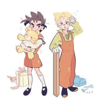 :< absurdres aged_down arm_up black_shoes blonde_hair blue_eyes box brown_hair buttoned_cuffs buttons caesar_anthonio_zeppeli child closed_mouth collared_shirt dot_nose dress_shoes facial_mark flying_sweatdrops full_body gift gift_box gogeyama green_shirt highres holding holding_stuffed_toy jojo_no_kimyou_na_bouken joseph_joestar joseph_joestar_(young) long_sleeves looking_to_the_side open_collar open_mouth overalls plank red_overalls red_ribbon red_shirt red_shorts ribbon shirt shoes short_hair shorts sideways_glance socks spiked_hair standing stuffed_animal stuffed_toy teddy_bear thick_eyebrows toolbox toy toy_airplane white_background white_shirt white_socks wrench