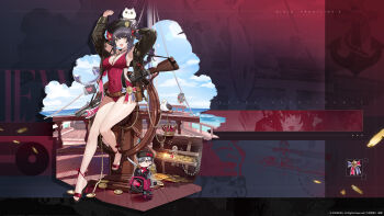 1girl absurdres black_hair blue_sky brown_hair cloud commentary_request dinergate_(girls&#039;_frontline) doll girls&#039;_frontline girls&#039;_frontline_2:_exilium gold hair_ribbon hat highres jacket lewis_(girls&#039;_frontline) lewis_(girls&#039;_frontline_2) lewis_(sunscreen_battle)_(girls&#039;_frontline) mast off_shoulder official_art official_wallpaper one-piece_swimsuit ribbon second-party_source ship sky solo steering_wheel swimsuit treasure_chest watercraft