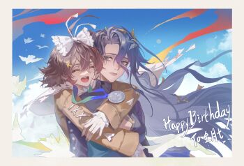 2girls ^_^ absurdres athletic_leotard behind_another black_hair blue_eyes blue_leotard blue_sky border bow brown_hair brown_jacket cape closed_eyes cloud cloudy_sky floating_hair flutterpage hair_between_eyes hair_bow happy_birthday highres hug hug_from_behind jacket leotard long_hair long_sleeves looking_at_another looking_to_the_side multiple_girls open_mouth relws reverse:1999 short_hair silver_medal simple_bird sky teeth tongue upper_body very_long_hair white_border white_bow white_cape willow_(reverse:1999)