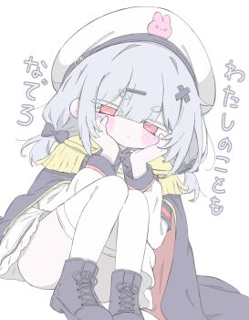 Rule 34 | 1girl, black bow, black cape, black shoes, blush stickers, bow, cape, closed mouth, colored eyelashes, commentary request, dutch angle, epaulettes, grey hair, hair bow, hair ornament, hairclip, hands on own cheeks, hands on own face, hat, head on hands, head rest, highres, izumi (yura izumi), knees up, long sleeves, low twintails, medium hair, multiple hair bows, original, red cape, red eyes, shirt, shoes, simple background, sitting, skirt, solo, thighhighs, translation request, twintails, two-sided cape, two-sided fabric, two-tone cape, white background, white hat, white shirt, white skirt, white thighhighs, x hair ornament