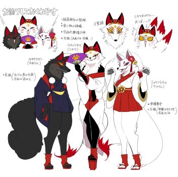 3girls animal_feet animal_hands black_eyes black_fur body_fur breasts claws commentary_request digitigrade fox_girl furry furry_female hand_fan holding holding_fan japanese_clothes kimono kitsune large_breasts looking_at_viewer miko multiple_girls multiple_tails multiple_views okobo original pink_eyes platform_sandals sandals simple_background standing tail tiger_subaru translation_request white_background white_fur white_kimono yellow_eyes
