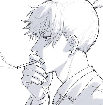 Rule 34 | 1boy, chainsaw man, cigarette, collared shirt, commentary request, earrings, fingernails, greyscale, hands on own face, hayakawa aki, jacket, jewelry, male focus, monochrome, mouth hold, necktie, profile, rigeshita, shirt, short hair, simple background, smoke, solo, suit jacket, topknot, white background