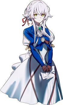 1girl absurdres altina_orion arm_cutout ascot blue_jacket braid braided_bun brooch brown_gloves clothing_cutout cosplay cropped_jacket crossed_bangs double-parted_bangs dress eiyuu_densetsu gloves green_eyes hair_between_eyes hair_bun hair_intakes hair_ribbon highres holding holding_paper jacket jewelry kai_no_kiseki kuro_no_kiseki_(series) long_sidelocks long_sleeves looking_at_viewer madou_zakura paper puffy_long_sleeves puffy_sleeves red_ribbon ribbon short_hair sidelocks simple_background upper_body violet_evergarden violet_evergarden_(cosplay) violet_evergarden_(series) white_ascot white_background white_dress