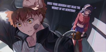 1boy 1girl blood blood_on_clothes blood_on_face blood_on_hands bloody_weapon blue_skirt ceiling_light chainsaw choker claw_hair_clip crazy crazy_eyes crazy_mita_(miside) crazy_smile crossover door emiya_shirou empty_eyes false_smile fate/stay_night fate_(series) fleeing flower_hairtie hairband hairclip hallway handle highres holding holding_chainsaw horrified horror_(theme) igote jealous low_twintails miside mita_(miside) multiple_crossover nervous_sweating oc_x_canon open_mouth orange_hair pull_cord red_choker red_shirt red_sweater red_thighhighs scared shaded_face shirt shokobr skirt smile surprised sweat sweater thighhighs trembling turn_pale twintails weapon wide-eyed yandere yandere_trance you_gonna_get_raped