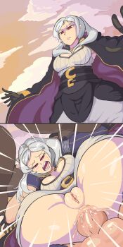 2koma ahegao anal ass blush bottomless breasts chrom_(fire_emblem) cleavage clitoris comic cum cum_in_ass davewaterfalls female_robin_(fire_emblem) fire_emblem fire_emblem_awakening full_nelson gloves grima_(fire_emblem)_(female) instant_loss nintendo penis possessed pussy red_eyes robe sex sweat testicles twintails white_hair