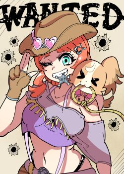 &gt;_&lt; 2girls absurdres belt black_panties bow bowtie brown_gloves brown_hat brown_shorts cowboy_hat crop_top dog english_text gloves green_eyes grey_belt hair_ornament hairclip hat highleg highleg_panties highres inukai_iroha inukai_komugi inukai_komugi_(dog) kikukekosasi lasso medium_hair midriff multiple_girls navel one_eye_closed open_mouth panties partially_fingerless_gloves pink_bow pink_bowtie pink_hair precure purple_shirt sheriff_badge shirt shorts smile underwear wonderful_precure!