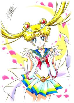 1girl bishoujo_senshi_sailor_moon bishoujo_senshi_sailor_moon_s blonde_hair blue_eyes blue_sailor_collar bow brooch choker cowboy_shot crescent crescent_earrings double_bun earrings elbow_gloves female_focus gloves hair_bun hair_ornament hairpin heart heart_brooch jewelry long_hair looking_at_viewer magical_girl marco_albiero marker_(medium) multicolored_skirt petals pleated_skirt red_bow sailor_collar sailor_moon signature skirt smile solo super_sailor_moon tiara traditional_media tsukino_usagi twintails white_background white_gloves