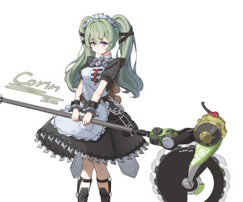 1girl absurdres animal_bag apron bear_bag black_dress character_name circular_saw closed_mouth commentary_request corin_wickes cowboy_shot dress gambas1234 green_hair highres holding holding_saw holding_weapon long_hair looking_at_viewer maid_apron maid_headdress purple_eyes saw screw_hair_ornament short_eyebrows simple_background solo thick_eyebrows twintails weapon white_apron white_background zenless_zone_zero