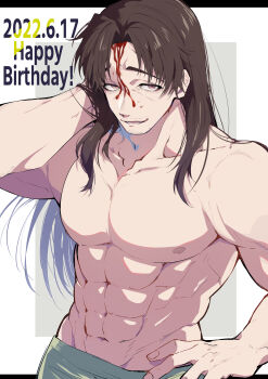 1boy abs absurdres bara blood blood_on_face border brown_hair collarbone commentary_request dated facial_hair goatee_stubble hand_on_own_hip happy_birthday hatsumi_sen highres kengan_(series) kengan_ashura long_hair looking_at_viewer male_focus mustache_stubble nekoma_hikaru nipples parted_lips pectorals solo stubble topless_male white_border