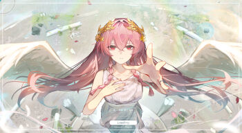 1girl andoff bare_arms bare_shoulders braid chinese_commentary closed_mouth collarbone commentary_request crossed_bangs dress feet_out_of_frame hair_between_eyes head_wreath highres jewelry long_hair looking_at_viewer original petals pink_hair pink_petals red_eyes ring side_braids solo white_dress white_wings wings