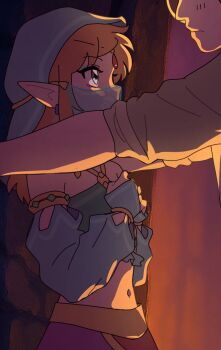 2boys bare_shoulders blue_eyes blue_eyeshadow blue_sleeves brick_wall circlet crop_top crossdressing crossdressing_(mtf) detached_sleeves earrings eyeshadow gem gerudo_set_(zelda) gold_trim grey_shirt hands_on_own_chest harem_outfit headscarf highres jewelry kabedon light_blush link makeup midriff mouth_veil multiple_boys navel nintendo official_alternate_costume panties pointy_ears purple_panties red_gemstone shirt sleeves_rolled_up the_legend_of_zelda the_legend_of_zelda:_breath_of_the_wild tkdnlerkdtpfsut underwear upper_body veil yaoi