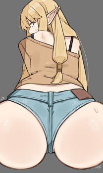 1girl absurdres ass ass_focus blonde_hair bra_strap commentary_request contemporary elf highres long_hair pointy_ears sattinittas serie_(sousou_no_frieren) short_shorts shorts simple_background solo sousou_no_frieren sweatdrop