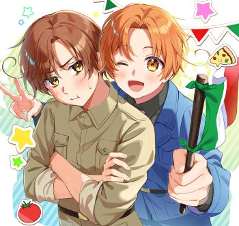 2boys absurdres ahoge axis_powers_hetalia belt black_belt black_shirt blue_background blue_jacket blush border breast_pocket brothers brown_hair brown_jacket closed_mouth collared_jacket collared_shirt crossed_arms fingernails flag food gradient_background green_background hand_up highres holding holding_flag italian_flag jacket koyulu lapels long_sleeves looking_at_viewer male_focus military_jacket multiple_boys northern_italy_(hetalia) one_eye_closed open_mouth orange_eyes orange_hair outside_border pizza pizza_slice pocket revision shirt short_hair siblings smile southern_italy_(hetalia) star_(symbol) string_of_flags striped_background sweatdrop tomato twins two-tone_background upper_body v white_border yellow_eyes