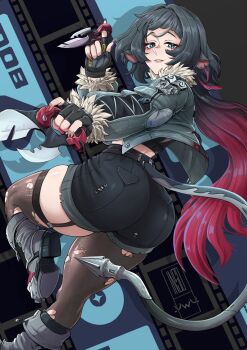 1girl animal_ears ass black_garter_straps black_gloves black_hair black_shorts boots brown_pantyhose brown_thighhighs clothing_cutout combat_knife commentary dual_wielding earrings english_commentary fingerless_gloves fingernails floating_hair from_above fur-trimmed_sleeves fur_collar fur_trim garter_straps gloves green_eyes green_jacket grey_boots highres holding holding_knife impossible_clothes impossible_shorts insouwu jacket jane_doe_(zenless_zone_zero) jewelry knife light_smile long_hair long_sleeves looking_at_viewer looking_back mechanical_tail mouse_ears multicolored_hair nail_polish outstretched_arm pantyhose parted_lips pocket red_hair red_nails sharp_tail short_shorts shorts single_garter_strap single_hair_intake single_leg_pantyhose single_thighhigh skindentation solo stud_earrings tail tail_through_clothes thighhighs thighs torn_clothes torn_pantyhose torn_shorts torn_thighhighs two-tone_hair very_long_hair weapon zenless_zone_zero