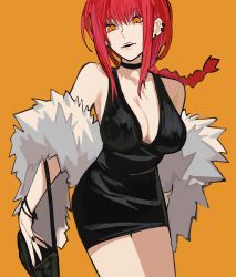 Rule 34 | 1girl, absurdres, black bag, black choker, black dress, black nails, breasts, chainsaw man, choker, dress, ear piercing, feather coat, highres, looking at viewer, makima (chainsaw man), orange background, piercing, ponytail, red hair, ringed eyes, sailen0, yellow eyes