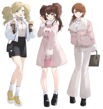3girls alternate_costume bag black_bag black_shoes black_skirt blonde_hair blue_eyes blush brown_bag brown_eyes brown_hair coat commentary_request dessert earrings flipped_hair food full_body fur-trimmed_coat fur-trimmed_jacket fur_trim grin handbag highres holding holding_bag holding_food in-franchise_crossover jacket jewelry konchi_(63438789) kujikawa_rise long_hair long_sleeves looking_at_viewer multiple_girls necklace open_mouth pants parted_lips persona persona_3 persona_4 persona_5 pink_bag pink_coat pink_jacket pom_pom_(clothes) pom_pom_earrings shoes short_hair shoulder_bag skirt smile socks standing stud_earrings sweater swept_bangs takamaki_anne takeba_yukari tarot the_lovers_(tarot) trait_connection turtleneck turtleneck_sweater twintails white_background white_pants white_socks white_sweater winter winter_clothes winter_coat