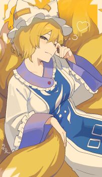Rule 34 | 1girl, blonde hair, blue tabard, blush, breasts, closed mouth, commentary, dress, fox girl, fox tail, frills, hair between eyes, hat, heart, highres, imkooooww, kitsune, kyuubi, light smile, long sleeves, medium breasts, multiple tails, one eye closed, short hair, signature, tabard, tail, touhou, waking up, white dress, yakumo ran, yellow eyes