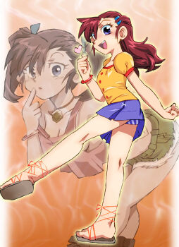 1girl bakusou_kyoudai_let's_&amp;_go!! bakusou_kyoudai_let's_&amp;_go!!_max bent_over blue_eyes blue_panties blue_ribbon blue_skirt blush boots bracelet breasts brown_boots brown_hair brown_sandals choker cleavage collarbone crop_top finger_to_mouth green_shorts hair_ornament hair_ribbon hairclip hand_on_own_hip heart hexagram jewelry long_hair looking_at_viewer medium_breasts midriff multiple_views onnaski oogami_marina open_mouth orange_background panties pink_shirt puffy_sleeves ribbon sandals shirt short_shorts short_sleeves shorts skirt sleeveless sleeveless_shirt small_breasts smile standing standing_on_one_leg strap_slip striped_clothes striped_panties teeth twintails underwear wind wind_lift yellow_shirt