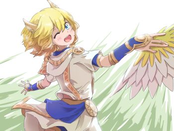 1girl arm_guards blonde_hair blue_eyes blue_trim commentary_request dancer dragon_quest dragon_quest_x epaulettes fake_head_wings floating_clothes floating_hair from_behind gradient_hair hand_fan head_wings heroine_(dq10) highres holding holding_fan icorasama looking_at_viewer looking_back multicolored_hair one_eye_closed open_mouth shirt short_hair simple_background single_epaulette solo teeth upper_teeth_only white_shirt wings