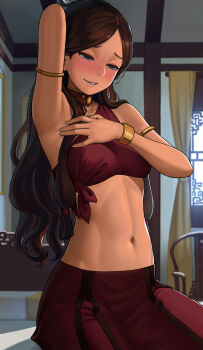 1girl arm_up armlet armpits avatar:_the_last_airbender avatar_legends bare_shoulders blue_eyes blush bracelet brown_hair crop_top dark-skinned_female dark_skin female_focus hair_rings half_updo highres jewelry katara lasterk long_hair midriff navel parted_bangs parted_lips presenting_armpit sitting smile solo spread_armpit sweat