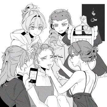 2boys 4girls ahoge alternate_costume alternate_hairstyle animal animal_ears applying_makeup apron bare_back blade_(honkai:_star_rail) breasts buttons caelus_(honkai:_star_rail) cat cat_ears cat_tail cellphone closed_eyes closed_mouth clothes_hanger commentary_request cowboy_shot crossdressing crossdressing_(mtf) d0600059994959 dress drill_hair dual_persona elio_(honkai:_star_rail) eye_mask eyeshadow fingernails firefly_(honkai:_star_rail) glasses greyscale hair_between_eyes hair_bun hair_ornament hair_over_one_eye hairclip hand_on_another&#039;s_chin hand_up hands_up highres holding holding_animal holding_another&#039;s_hair holding_brush holding_cat holding_clothes_hanger holding_makeup_brush holding_phone honkai:_star_rail honkai_(series) hood hoodie jewel_under_eye kafka_(honkai:_star_rail) korean_commentary lapels laughing long_hair long_sleeves looking_at_another looking_down maid makeup makeup_brush mask mask_on_head medium_breasts monochrome multiple_boys multiple_girls open_mouth pajamas pants pet phone pinafore_dress pointing ponytail puffy_long_sleeves puffy_short_sleeves puffy_sleeves shirt short_ponytail short_sleeves silver_wolf_(honkai:_star_rail) simple_background sitting sleeveless sleeveless_dress smartphone smile standing stellaron_hunters_(honkai:_star_rail) stelle_(honkai:_star_rail) tail taking_picture tearing_up teeth tongue tongue_out trailblazer_(honkai:_star_rail) turtleneck turtleneck_shirt twin_drills v-shaped_eyebrows vest