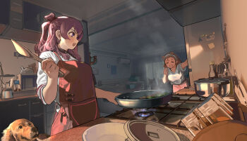 2girls absurdres air_conditioner apron blender_(object) brown_hair chair cloud_nine_(798392138) commentary cooking dog earrings frying_pan gakuen_idolmaster hairband hanami_saki hanami_ume highres idolmaster indoors jewelry kitchen light_particles long_hair multiple_girls open_mouth purple_hair red_apron shirt siblings sisters teeth two_side_up upper_teeth_only white_hairband white_shirt yawning