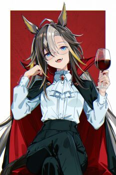 1girl ahoge alcohol alternate_costume animal_ears artist_name ascot black_pants blonde_hair blush commentary_request crossed_legs cup dream_journey_(umamusume) dress_shirt drinking_glass fangs glasses gradient_hair highres holding holding_cup horse_ears horse_girl horse_tail jewelry looking_at_viewer multicolored_hair open_mouth pants red_background red_nails shirt simple_background sitting solo streaked_hair tail twitter_username two-tone_background umamusume urururike vampire white_ascot white_background white_shirt wine wine_glass