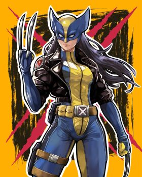 1girl animification black_hair bodysuit breasts claw_(weapon) claws cosplay highres laura_kinney long_hair looking_at_viewer marvel solo superhero_costume to-ru weapon wolverine_(x-men) wolverine_(x-men)_(cosplay) x-23 x-men yellow_bodysuit