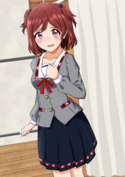 1girl alternate_costume aoba_misaki black_skirt blush breasts brown_hair buttons collar collarbone cowboy_shot curtains dot_nose embarrassed fitting_room grey_serafuku grey_shirt hair_between_eyes hair_tie hand_on_own_chest highres idolmaster idolmaster_million_live! idolmaster_million_live!_theater_days indoors junior_high_schoolmate_(idolmaster) long_sleeves looking_at_viewer medium_breasts medium_hair mimiu_p neck_ribbon official_alternate_costume open_mouth pink_eyes plaid_clothes plaid_collar pleated_skirt red_ribbon ribbon school_uniform serafuku shirt shy skirt solo standing two_side_up wavy_mouth white_collar