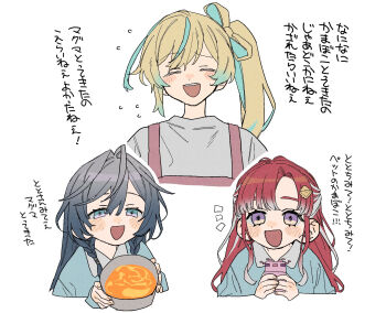 3girls :d ^_^ age_difference aged_down alternate_costume apron aqua_hair axolotl_(minecraft) bad_id bad_pixiv_id blonde_hair blue_eyes blue_shirt blush bow-shaped_hair braid bucket bucket_of_lava child closed_eyes cropped_torso curtained_hair dayama flying_sweatdrops gradient_hair grey_hair grey_shirt hair_intakes hair_ornament half_updo hands_up highres holding holding_bucket kindergarten_uniform kisara_(nijisanji) long_hair long_sleeves minecraft multicolored_eyes multicolored_hair multiple_girls nijisanji notice_lines open_mouth own_hands_together peter_pan_collar pink_apron purple_eyes raised_eyebrows red_hair saotome_berry shirt side_braids side_ponytail simple_background smile streaked_hair tachitsute_toto teeth two-handed two-tone_eyes upper_teeth_only virtual_youtuber white_background white_hair yellow_eyes