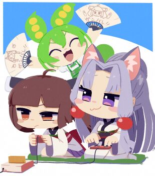 3girls :3 :d ^_^ ahoge animal_ears blunt_bangs blush_stickers brown_eyes chibi chibi_only closed_eyes closed_mouth commentary controller famicom fox_ears game_cartridge game_console game_controller green_hair hand_fan headgear highres holding holding_controller holding_fan holding_game_controller japanese_clothes kimono konohoshi long_hair long_sleeves multiple_girls no_lineart open_mouth outstretched_arms parted_bangs playing_games pleated_skirt purple_eyes purple_hair purple_skirt red_sash sash seiza shirt short_hair short_sleeves sidelocks sitting skirt smile symbol-only_commentary touhoku_itako touhoku_kiritan v-shaped_eyebrows voiceroid voicevox white_kimono white_shirt wide_sleeves zundamon