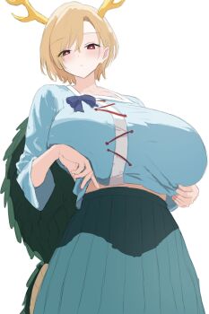 1girl absurdres antlers blonde_hair blue_shirt blush breasts closed_mouth dragon_girl dragon_horns dragon_tail green_scales green_tail hair_between_eyes highres horns kicchou_yachie large_breasts looking_at_viewer monster_girl moriforest1040 red_eyes scales shirt short_hair simple_background skirt solo square_neckline standing tail touhou turtle_shell white_background yellow_horns