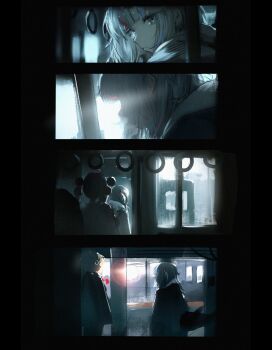 3girls absurdres backlighting black_background blonde_hair blue_hair close-up facing_another fins fish_tail gawr_gura greedice highres hololive hololive_english medium_hair multicolored_hair multiple_girls shark_girl shark_tail streaked_hair subway subway_station tail tsukumo_sana virtual_youtuber watson_amelia white_hair