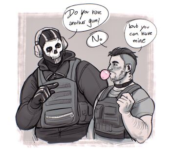 2boys bara beard_stubble blush call_of_duty call_of_duty:_modern_warfare_2 chewing_gum couple english_text facial_hair from_side ghost_(modern_warfare_2) highres male_focus mature_male multiple_boys muscular muscular_male profile shell_(fludderpy) short_hair soap_(modern_warfare_2) sparse_arm_hair spot_color standing stubble yaoi