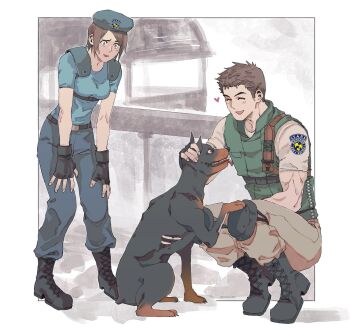 1boy 1girl beret black_boots black_gloves blue_hat blue_pants blue_shirt boots chris_redfield closed_eyes dog fingerless_gloves gloves hat heart highres jill_valentine knee_pads open_mouth pants resident_evil resident_evil_1 shirt smile squatting sweatdrop tirtyturtle