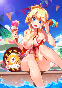 00s 1girl alicecrazy assisted_exposure beach_umbrella bead_bracelet bead_necklace beads bikini bikini_pull blonde_hair blue_eyes blue_sky bracelet breasts character_request cleavage clenched_teeth clothes_pull cloud clumsy collarbone d: day dripping dropping dungeon_and_fighter elsword eyebrows eyelashes female_gunner_(dungeon_and_fighter) flag food food_on_body frilled_bikini frills front-tie_top hair_between_eyes hair_bun hair_ornament hair_stick hairclip head_tilt highres holding holding_food ice_cream ice_cream_cone ice_cream_cone_spill jewelry large_breasts lens_flare long_hair looking_at_viewer melting multiple_scoops navel_piercing necklace nipple_slip nipples o-ring o-ring_top one_breast_out open_mouth outdoors palm_tree pennant piercing poolside pulling_another's_clothes red_bikini rose_(elsword) sidelocks single_hair_bun sitting skindentation sky soaking_feet spilling string string_of_flags suggestive_fluid summer sunlight sweat swimsuit tears teeth tree tsurime umbrella waffle_cone water wet